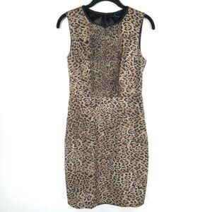 Elie Tahari Sheath Dress Brown Animal Sleeveless Ruffle Bodice Scoop Neck Midi 2